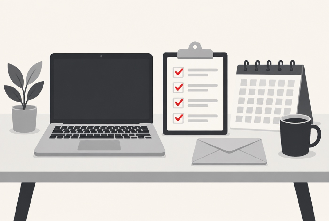 Bureau avec ordinateur, liste de tâches cochées, calendrier, enveloppe et tasse de café