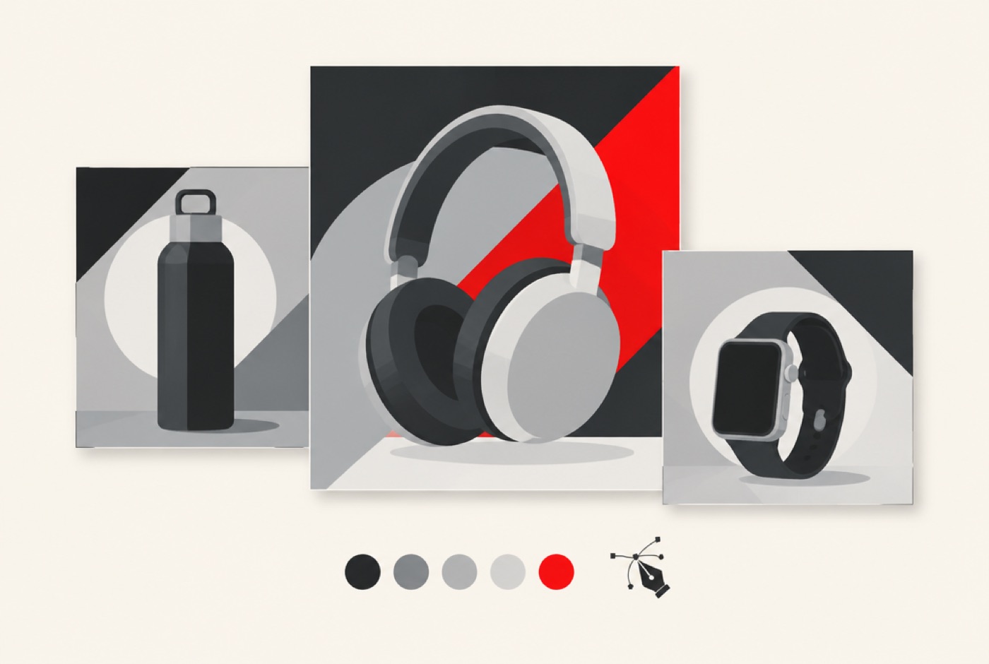 Three product ad visuals with a color palette and a drawing tool