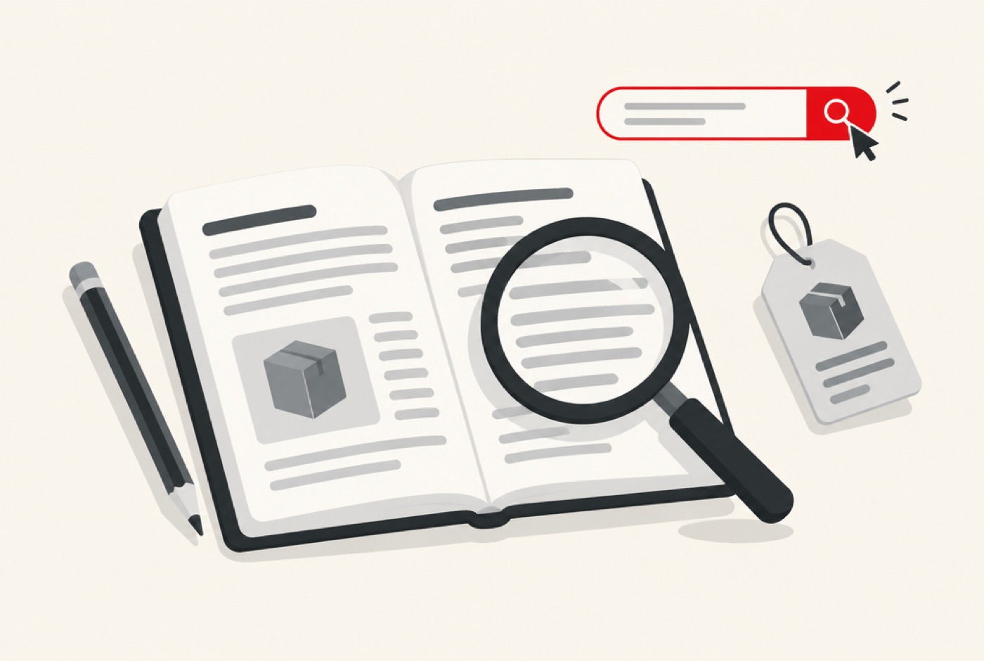 Open notebook with magnifying glass, pencil, product tag and search bar