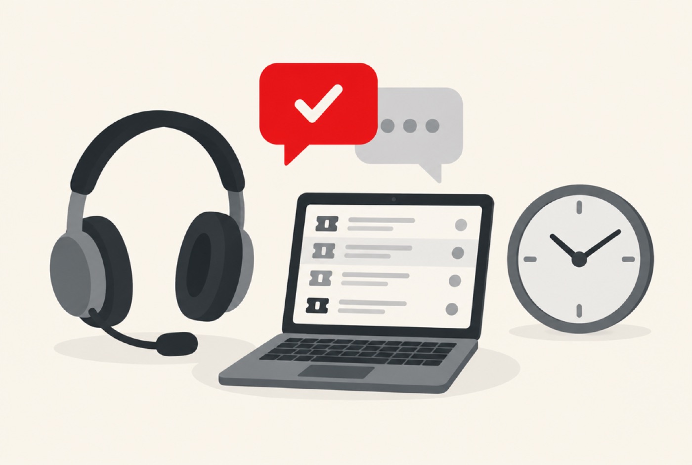 Headset, chat bubbles, computer showing a ticket list and a clock