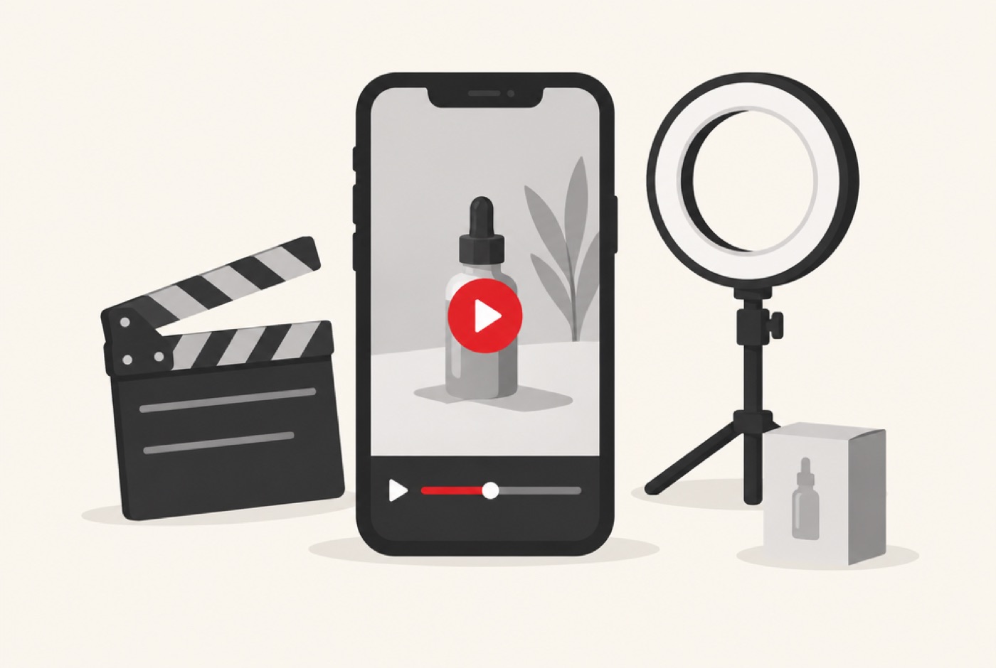 Smartphone affichant une vidéo produit, avec clap, anneau lumineux et boîte de produit