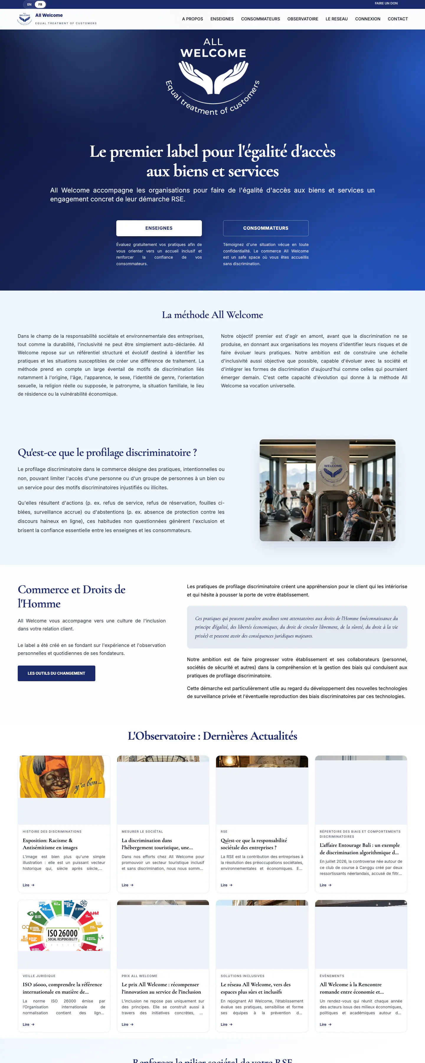 Home page of All Welcome, a label for equal access to goods and services