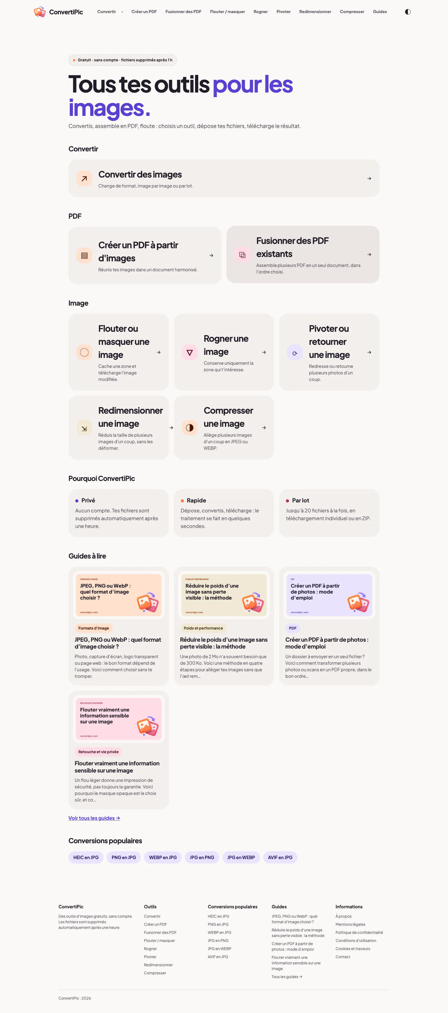 Home page of ConvertiPic, free online image tools