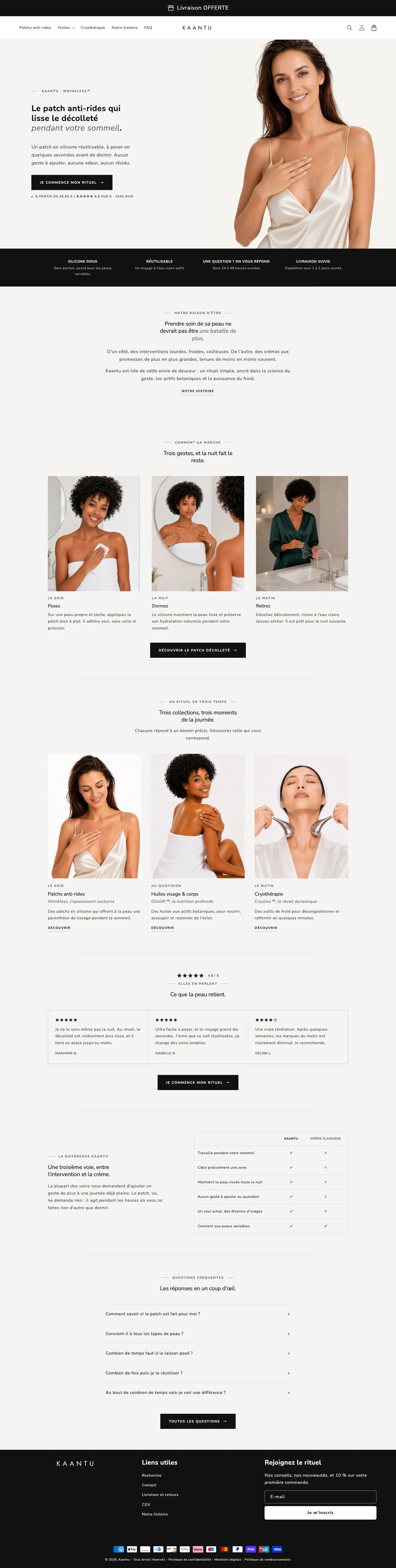 Home page of Kaantu, reusable anti-wrinkle patches